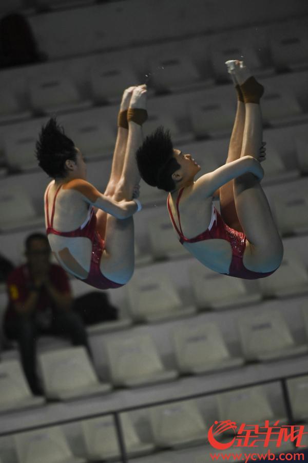 2018年8月29日，亚运会女子跳水三米板决赛中国队施廷懋、昌雅妮夺冠。 金羊网特派记者 周巍 摄
